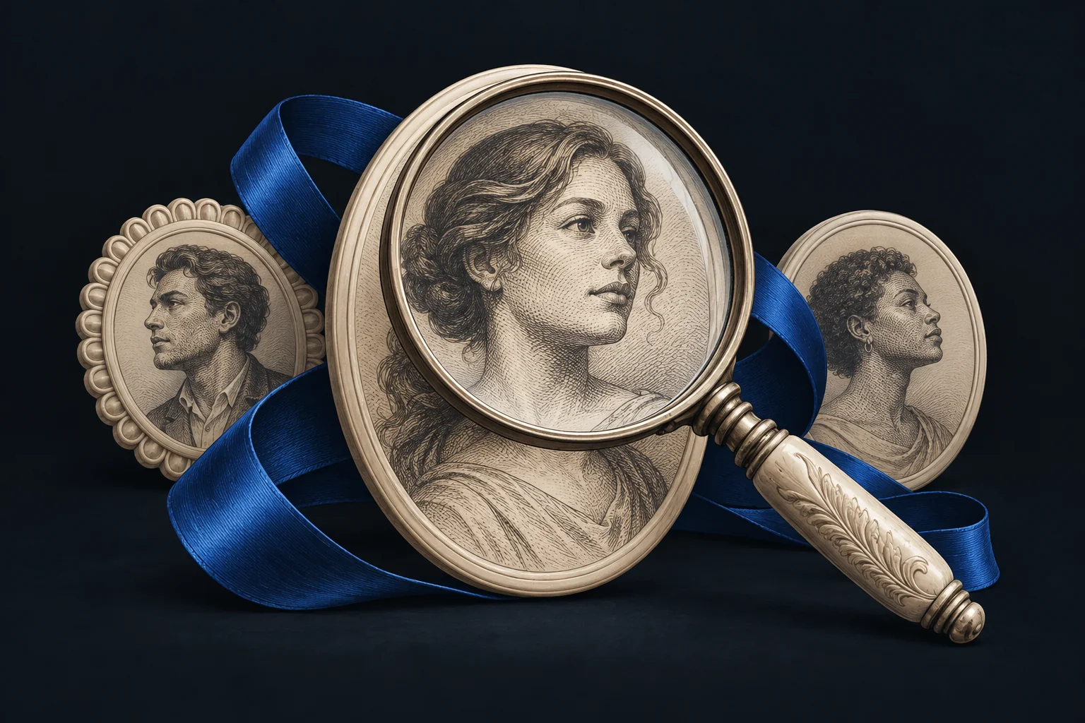 An ivory magnifying glass examines engraved portrait medallions connected by a blue ribbon.