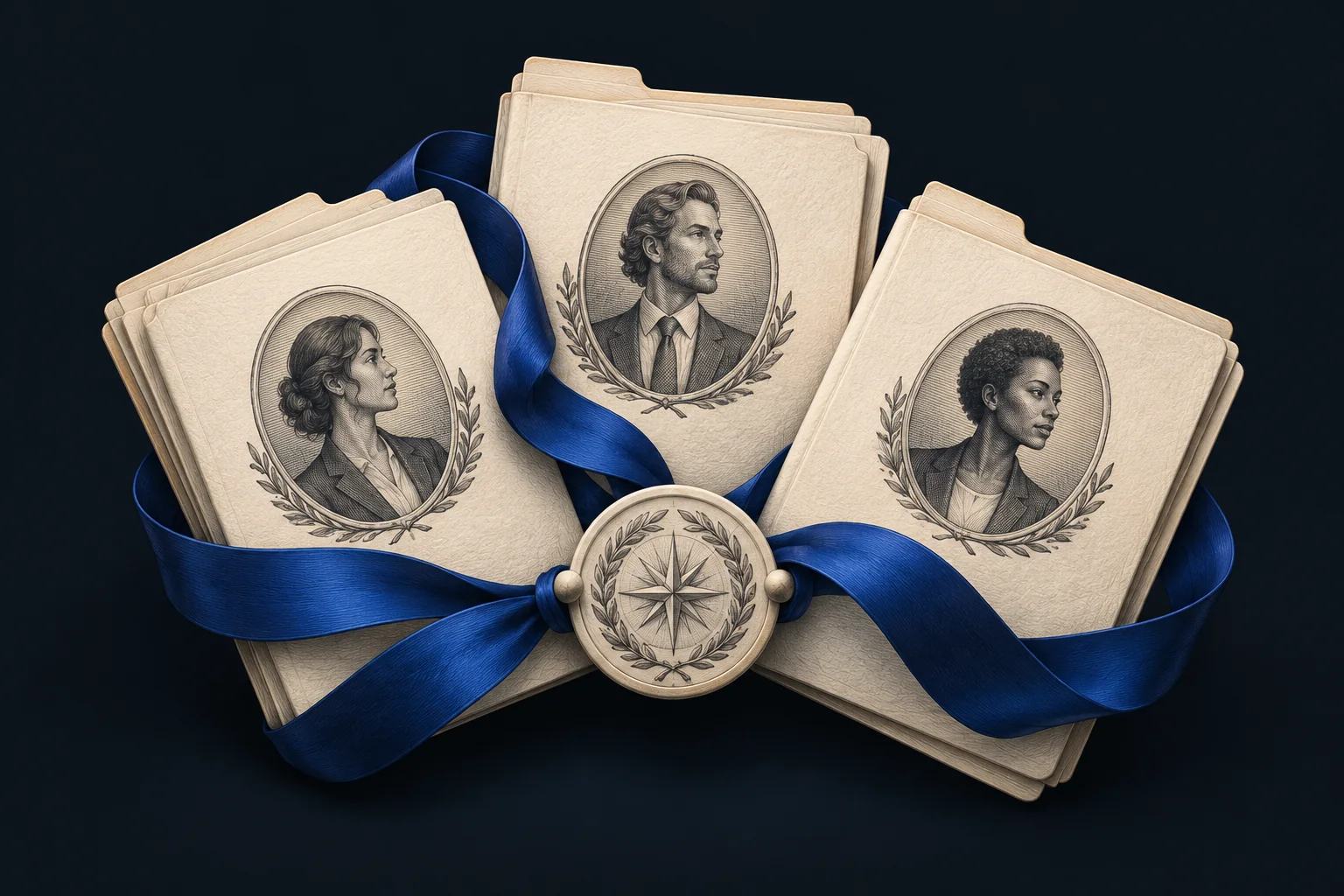 Ivory client dossiers with portrait medallions are organized around a hub by a cobalt ribbon.