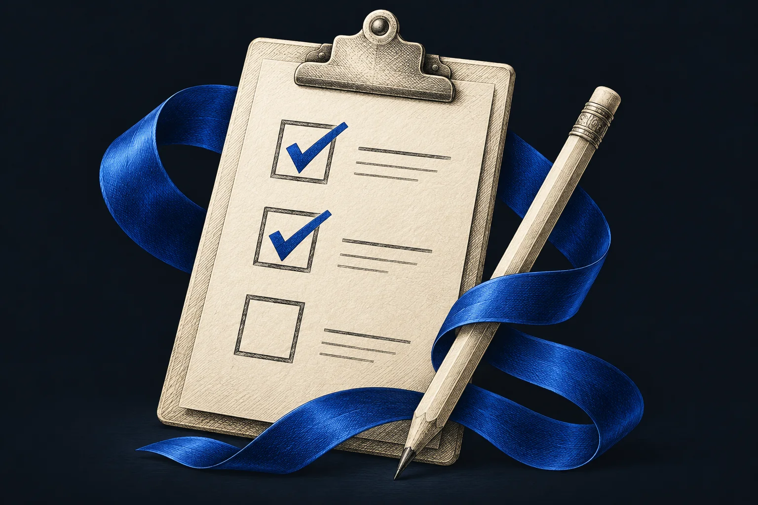 An ivory checklist with blue check marks, a pencil and a flowing cobalt ribbon.