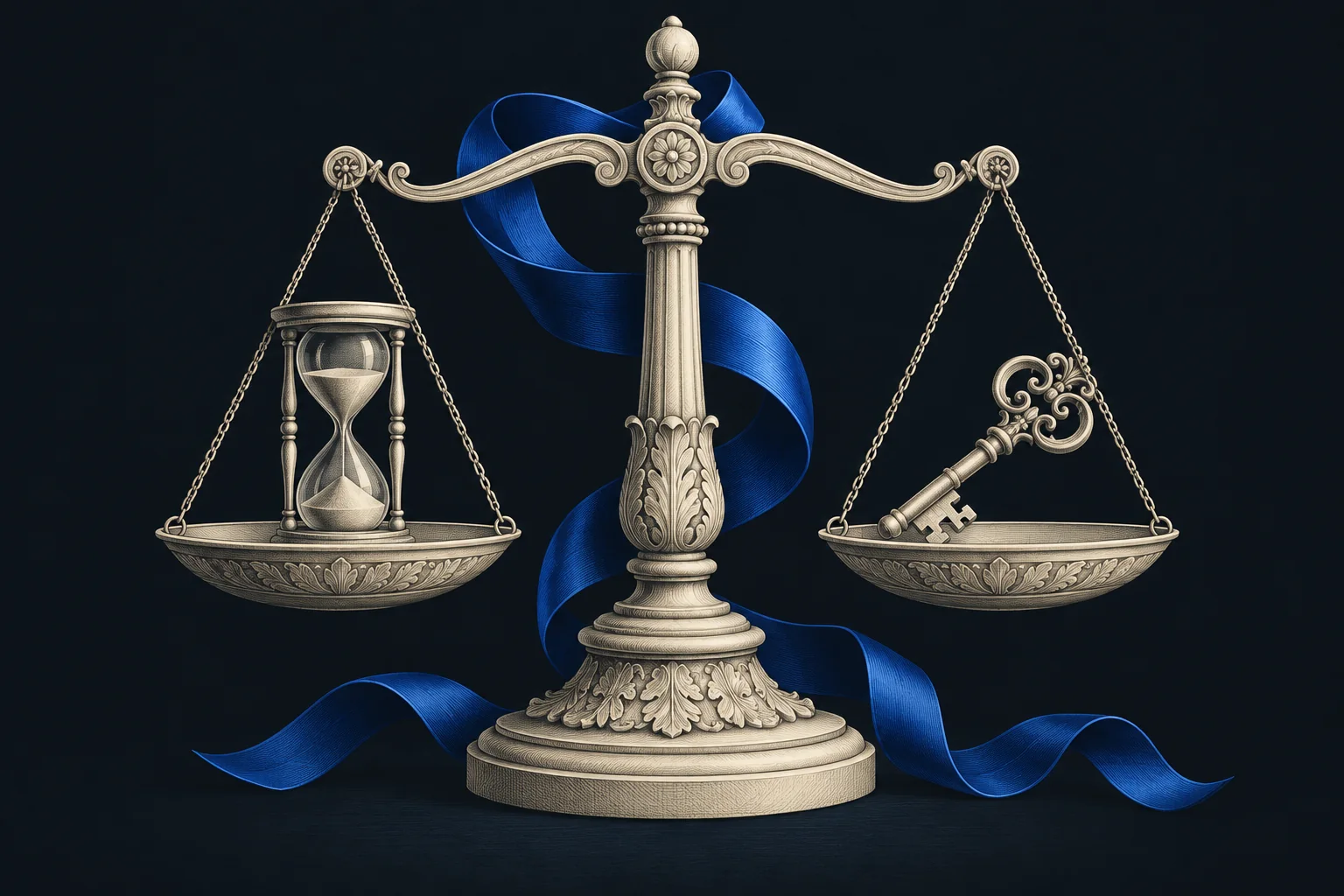 Engraved balance scales compare an hourglass and a key, joined by a cobalt ribbon.