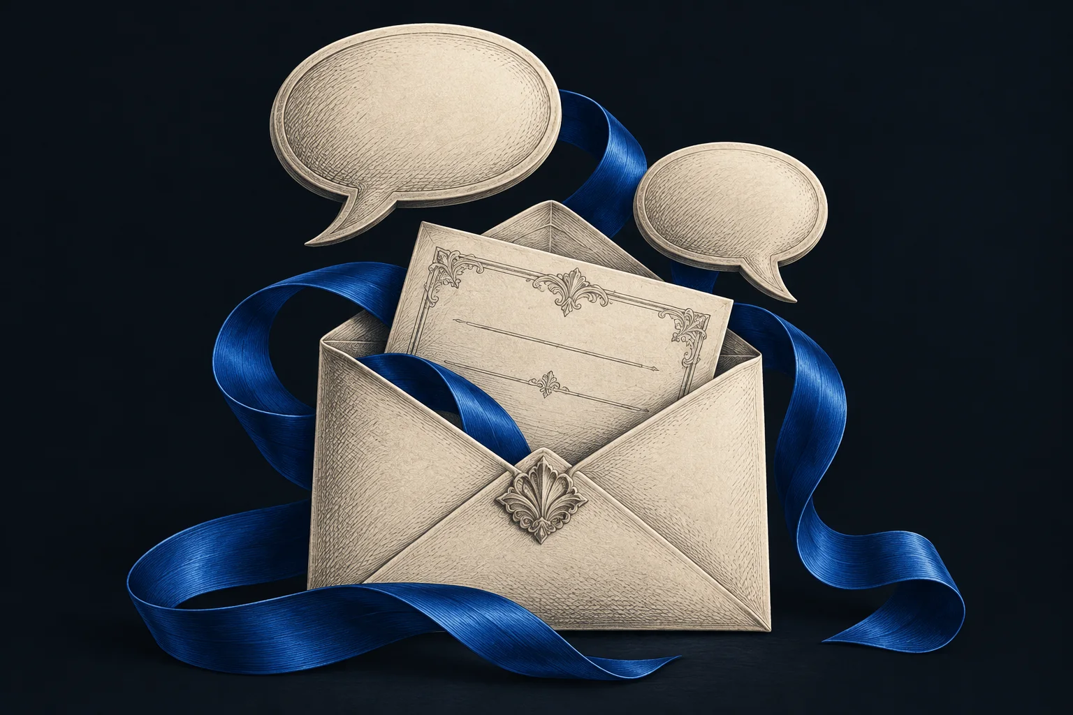 An ivory envelope opens into a conversation, with speech bubbles and a cobalt ribbon.