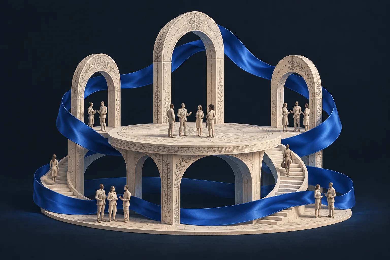 An ivory architectural workspace connected by cobalt ribbons, with people across several levels.