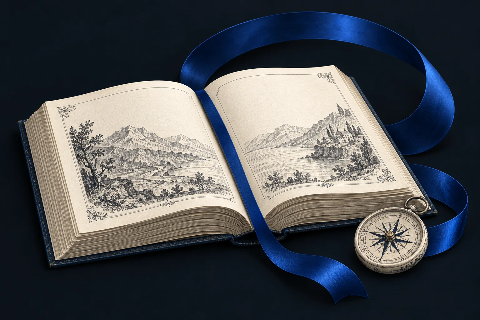 An open engraved book encircled by a cobalt ribbon.
