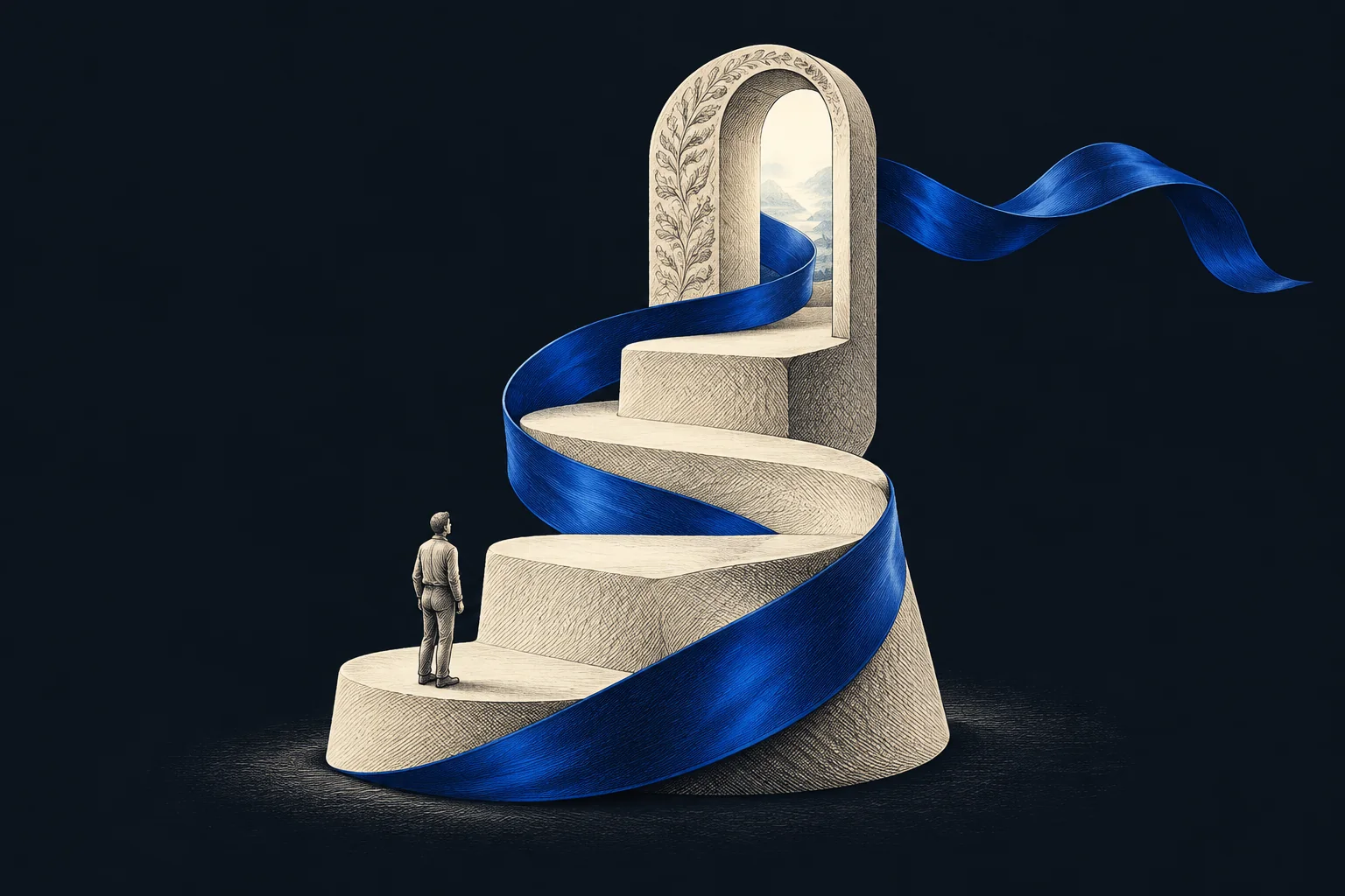 A curved ivory stairway leads through an open doorway, following a cobalt ribbon.