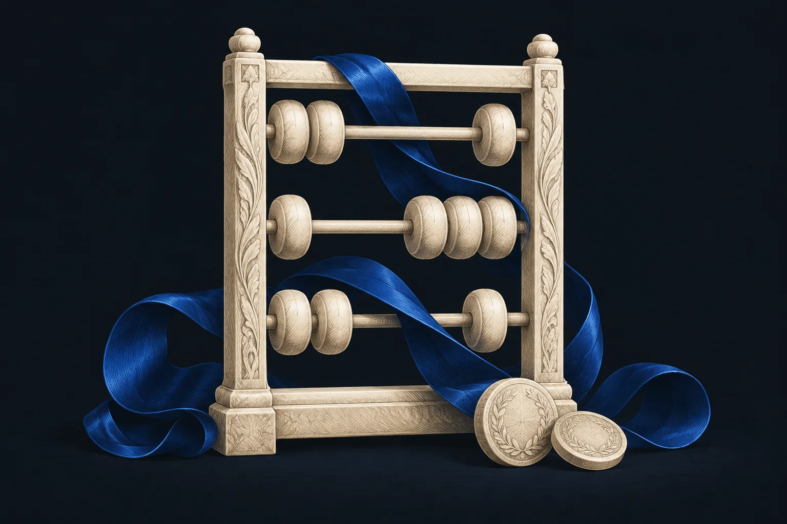 An ivory abacus with engraved counting beads and coins, wrapped in a cobalt ribbon.