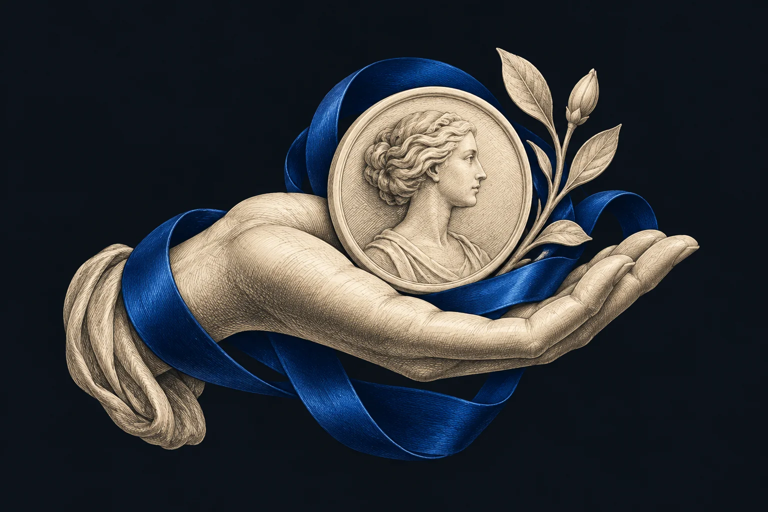 An engraved open hand presents a portrait medallion wrapped in a cobalt ribbon.