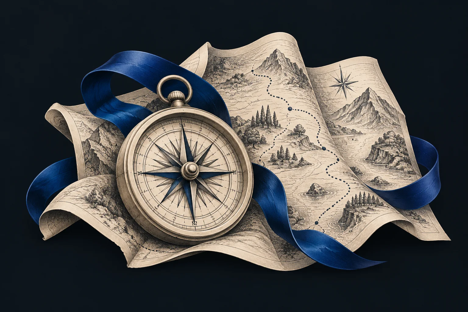 An engraved folded map and compass with a cobalt ribbon tracing a route.